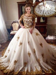 Simple Scoop White Long Sleeves Tulle Chapel Train Zipper 15th Birthday Dress for Military Ball and Sweet 16 and Quinceanera