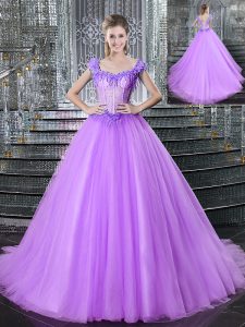 Hot Selling Straps With Train Lace Up Sweet 16 Dresses Lilac for Military Ball and Sweet 16 and Quinceanera with Beading and Appliques Brush Train
