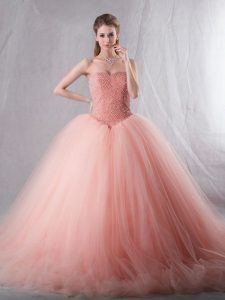 High Quality Peach Sleeveless Brush Train Beading With Train Ball Gown Prom Dress