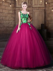 Fuchsia Tulle Lace Up One Shoulder Sleeveless Floor Length Quinceanera Dress Pattern