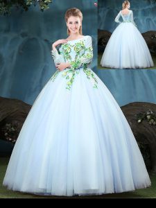 Flirting Scoop Light Blue Ball Gowns Appliques Quince Ball Gowns Lace Up Tulle Long Sleeves Floor Length