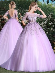 Gorgeous Scoop Short Sleeves With Train Appliques Backless Sweet 16 Dress with Lilac Brush Train