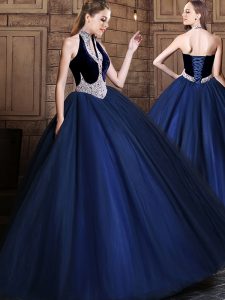 Pretty Halter Top Navy Blue Lace Up Sweet 16 Dresses Beading Sleeveless Floor Length