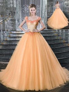 Straps Orange Lace Up Sweet 16 Dresses Beading and Appliques Sleeveless With Brush Train