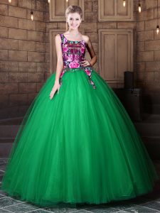 Green Lace Up One Shoulder Pattern Quinceanera Dress Tulle Sleeveless