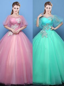 Shining Scoop Half Sleeves Floor Length Lace Up Quinceanera Gowns Pink and Turquoise for Military Ball and Sweet 16 and Quinceanera with Appliques