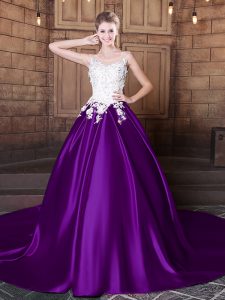Admirable Purple Elastic Woven Satin Lace Up Scoop Sleeveless Casual Dresses Court Train Lace and Appliques