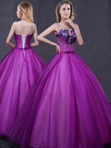 Scoop Purple Lace Up Quinceanera Dress Beading and Appliques Sleeveless Floor Length