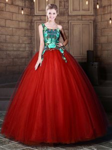 One Shoulder Rust Red Sleeveless Floor Length Pattern Lace Up 15 Quinceanera Dress