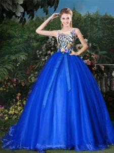 Scoop Royal Blue 15 Quinceanera Dress Organza Brush Train Sleeveless Appliques and Belt