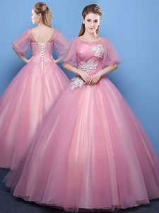 Luxury Scoop Half Sleeves Lace Up Quinceanera Gowns Pink Tulle