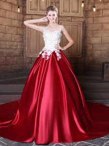 Popular Scoop Wine Red Sleeveless Floor Length Lace and Appliques Lace Up Quinceanera Gowns
