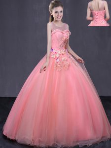 Tulle Scoop Sleeveless Lace Up Beading and Appliques 15 Quinceanera Dress in Watermelon Red