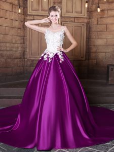 Scoop Eggplant Purple Sleeveless With Train Lace and Appliques Lace Up Vestidos de Quinceanera