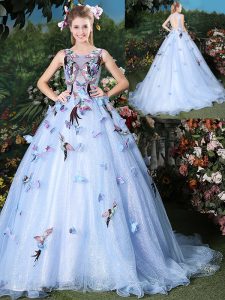 Scoop Light Blue Organza Lace Up 15 Quinceanera Dress Sleeveless Floor Length Brush Train Appliques