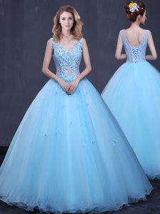 Top Selling Light Blue Tulle Lace Up Quinceanera Gown Sleeveless Floor Length Lace and Appliques
