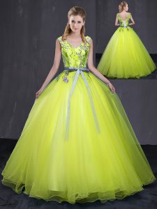 Traditional Floor Length Yellow Green 15 Quinceanera Dress Tulle Sleeveless Appliques and Belt