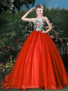 Designer Organza Scoop Sleeveless Brush Train Zipper Appliques and Belt Quince Ball Gowns in Red