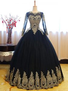 Affordable Ball Gowns 15 Quinceanera Dress Navy Blue Scoop Tulle Sleeveless Floor Length Lace Up