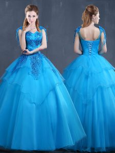 Baby Blue Vestidos de Quinceanera Military Ball and Sweet 16 and Quinceanera and For with Appliques V-neck Sleeveless Lace Up