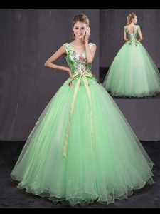 Shining Apple Green Lace Up Sweet 16 Dresses Appliques and Belt Sleeveless Floor Length