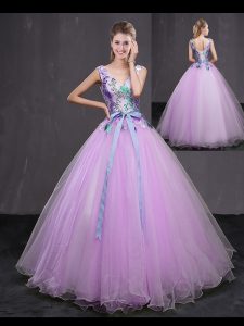 Pretty Ball Gowns Vestidos de Quinceanera Lilac V-neck Tulle Sleeveless Floor Length Lace Up