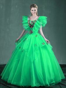 Turquoise and Apple Green Lace Up Square Embroidery 15th Birthday Dress Organza Sleeveless