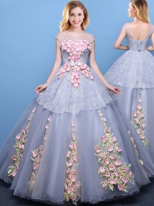 Captivating Scoop Floor Length Grey 15th Birthday Dress Tulle Cap Sleeves Appliques