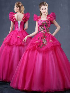 Fuchsia Straps Neckline Appliques Sweet 16 Dresses Sleeveless Lace Up