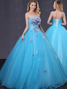 Sleeveless Floor Length Appliques Lace Up Sweet 16 Dress with Baby Blue