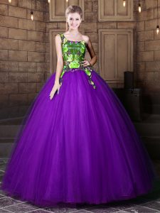 Eggplant Purple Tulle Lace Up One Shoulder Sleeveless Floor Length Court Dresses for Sweet 16 Pattern