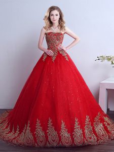 Red Lace Up Quinceanera Gown Appliques and Sequins Sleeveless Court Train