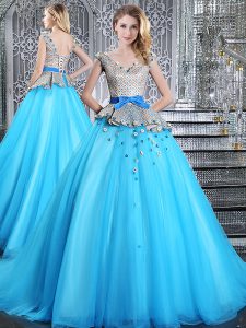 Flirting Sleeveless Tulle Brush Train Lace Up Vestidos de Quinceanera in Baby Blue with Appliques and Belt