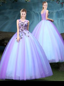 Charming Blue and Lilac Sleeveless Tulle Lace Up Sweet 16 Dresses for Military Ball and Sweet 16 and Quinceanera