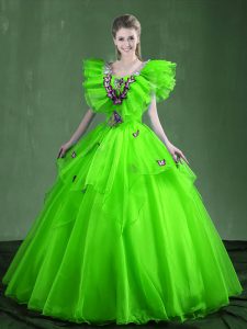 Sweetheart Sleeveless Quinceanera Gowns Floor Length Appliques and Ruffles Organza