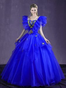 Pretty Royal Blue Organza Lace Up Sweetheart Sleeveless Floor Length 15 Quinceanera Dress Appliques and Ruffles