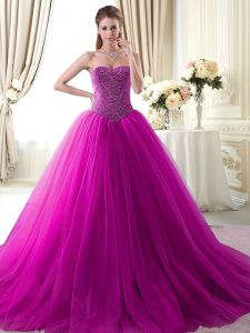 Fuchsia Quinceanera Dress Military Ball and Sweet 16 and Quinceanera and For with Beading Sweetheart Sleeveless Brush Train Lace Up