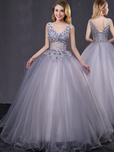 Flirting Floor Length Lace Up 15th Birthday Dress Grey for Military Ball and Sweet 16 and Quinceanera with Appliques