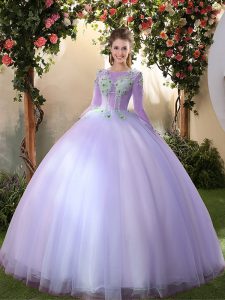 Scoop 3 4 Length Sleeve Tulle Floor Length Lace Up Quinceanera Gown in Lavender with Appliques