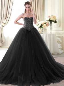 Black Quinceanera Court of Honor Dress Military Ball and Sweet 16 and Quinceanera and For with Beading Sweetheart Sleeveless Lace Up