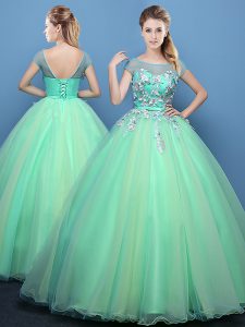 Suitable Scoop Tulle Cap Sleeves Floor Length Quinceanera Gowns and Appliques