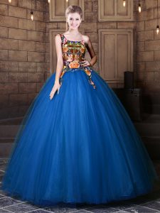 Modern Blue Tulle Lace Up One Shoulder Sleeveless Floor Length Ball Gown Prom Dress Pattern