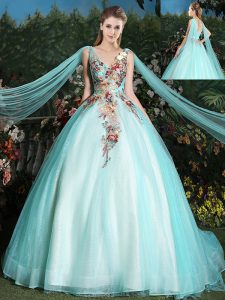 Delicate Aqua Blue Sleeveless With Train Appliques Lace Up Quinceanera Gown