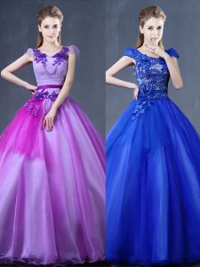 Glittering Short Sleeves Floor Length Lace and Appliques Lace Up Sweet 16 Dress with Purple