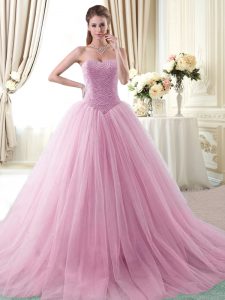 Rose Pink Ball Gowns Tulle Sweetheart Sleeveless Beading With Train Lace Up 15th Birthday Dress Brush Train