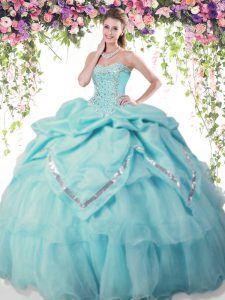 Unique Sweetheart Sleeveless Quince Ball Gowns Floor Length Beading and Pick Ups Aqua Blue Organza and Taffeta