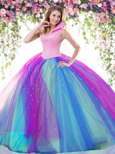 Multi-color Ball Gowns Beading Sweet 16 Dress Backless Tulle Sleeveless Floor Length