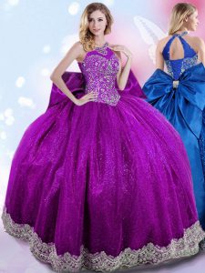 Halter Top Eggplant Purple Sleeveless Taffeta Lace Up Sweet 16 Dresses for Military Ball and Sweet 16 and Quinceanera