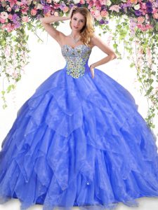 Luxury Blue Sweetheart Lace Up Beading and Ruffles Quinceanera Dress Sleeveless