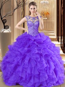Custom Designed Scoop Purple Sleeveless Beading and Ruffles Floor Length Quinceanera Dresses